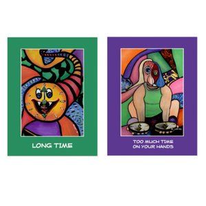 2 Colorful Artist Signed Art Postcards Whimsical